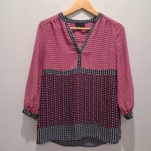 Willi Smith Pink and Navy 3/4 Sleeve Boho Tribal Geometric Top Womens XS